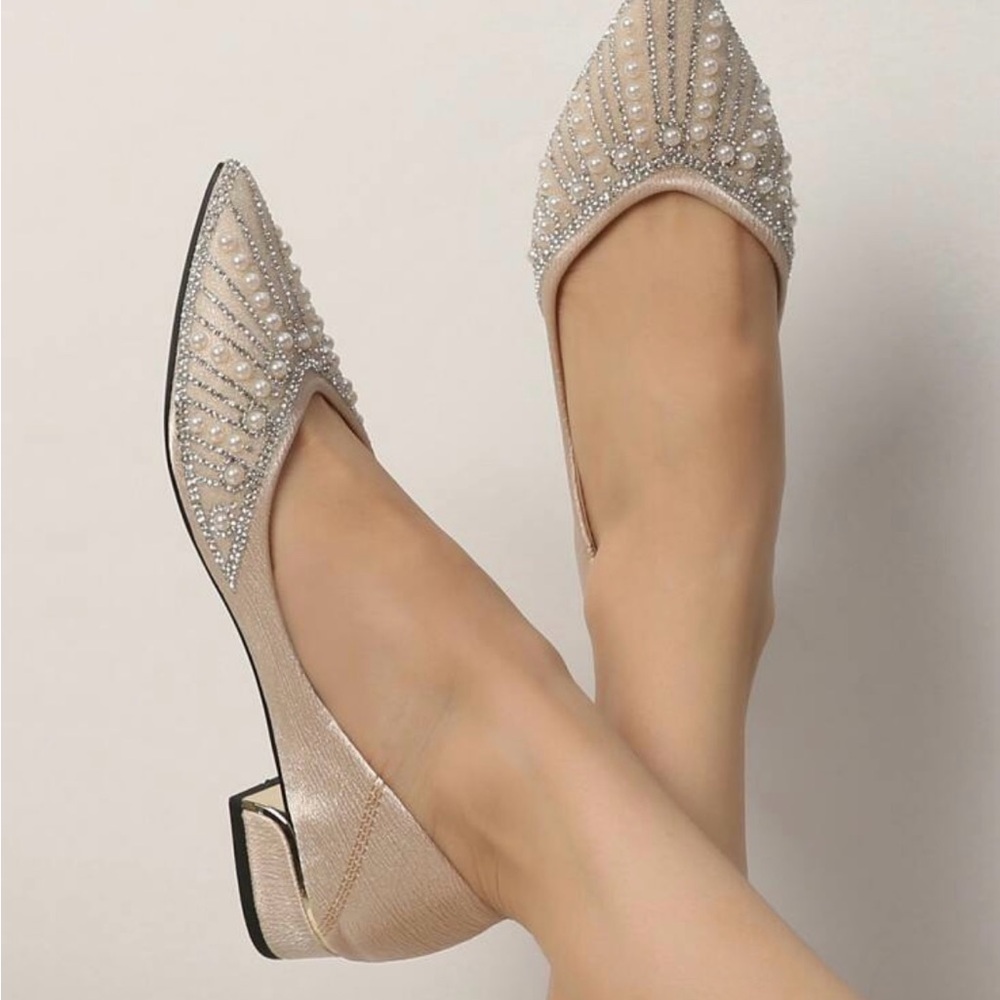 New! Rhinestone and Faux Pearl Decor Satin Flats